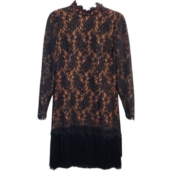 Saks Fifth Ave 80s Randall brooke formal Lace saying fringe cocktail  dress med - Picture 2 of 14
